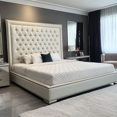 Conjunto de Cama de Casal/Queen/King em Madeira Cinza com Botões Espelhados Inspirado no Design Moderno e Presidencial