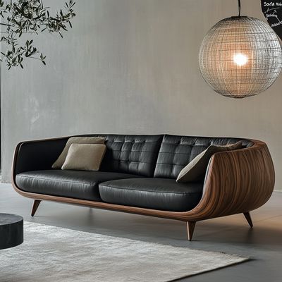 Elegante sofá seccional de madeira designers italianos sala de estar moderna casa de campo com luxo couro genuíno e móveis