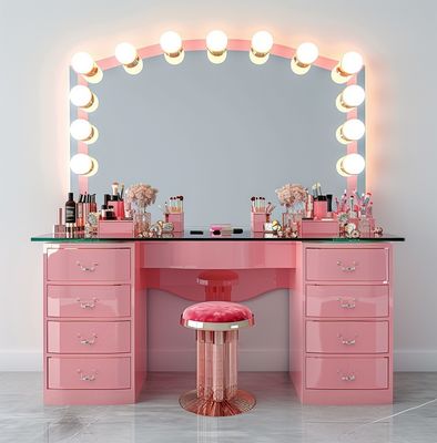 Conjuntos de Maquilhagem para Quarto com Espelho Iluminado por LED, Mesa de Toucador com Gavetas e Prateleiras de Armazenamento Ajustáveis em Rosa