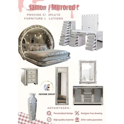 Conjunto de Quarto King-Size Moderno de Luxo com Moldura de Madeira Maciça Espelhada em Diamante para Casa, Vila, Quarto e Sala de Estar