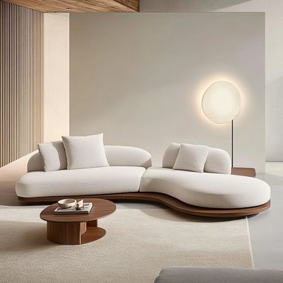 Conjunto de Sofá de Design Japonês para Casa, Cor Nogueira, com Pernas de Madeira e Tecido com Tecnologia Sem Lavagem