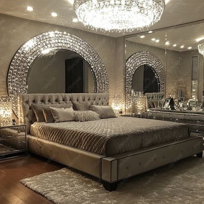Conjunto de Móveis para Casa Estrutura Ajustável Prateada Quarto Cama Espelhada Tamanho King Led Móveis Espelho para Apartamento Quarto