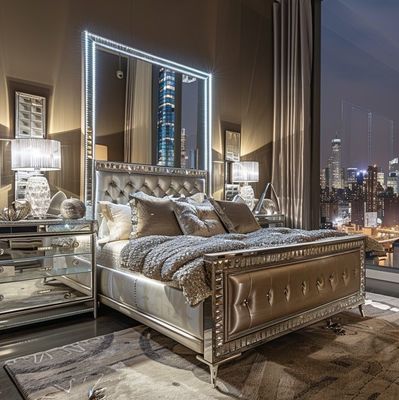 Conjunto de Quarto Específico Espelhado Estilo Moderno Cama Queen Size Mobiliário Com Design Contemporâneo
